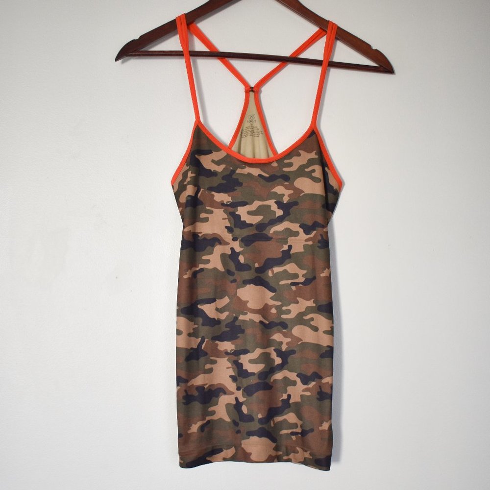 Bobbie Brooks Sport camo racerback tank top with orange accents